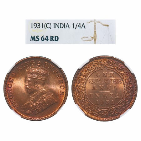 George V, Bronze, Quarter Anna, 1931, Calcutta Mint, No dot, Elephant. F. Prid 672. GK 119
