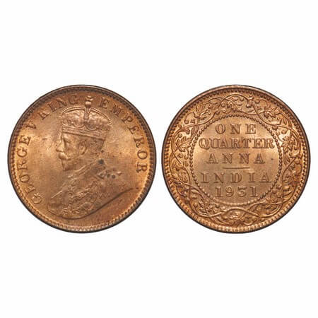 George V, Bronze, Quarter Anna, 1931, Calcutta Mint, No dot, Elephant Type, Ghost on Rev. 