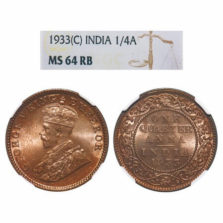 George V, Bronze, Quarter Anna, 1933, Calcutta Mint, No dot, Elephant type. F. Prid 673. G