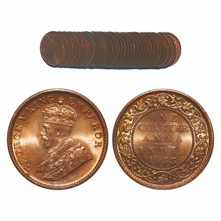 George V, Bronze, Quarter Anna, (Lot of 32 coins), 1933, Calcutta Mint, No dot, Elephant. 