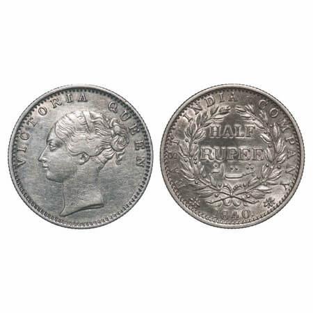 Victoria Queen, Silver, Half Rupee, 1840, CL, Calcutta Mint, A/I, English Head, Fuller fac