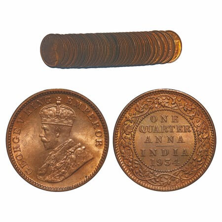 George V, Bronze, Quarter Anna, (Lot of 32 coins), 1934, Calcutta Mint, No dot, Elephant. 