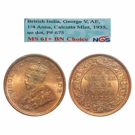 George V, Bronze, Quarter Anna, 1935, Calcutta Mint, No dot, Elephant type. F. Prid 675. G