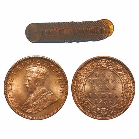 George V, Bronze, Quarter Anna, (Lot of 32 coins), 1935, Calcutta Mint, No dot, Elephant. 