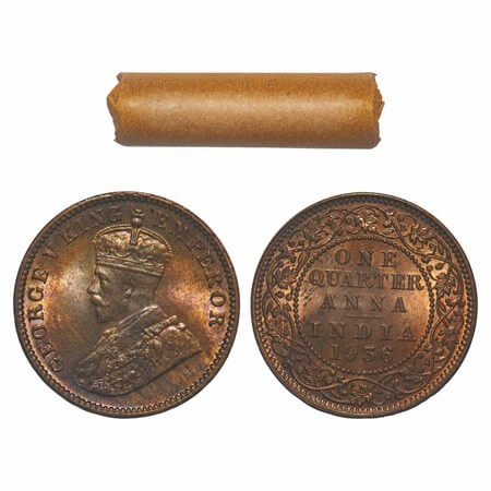 George V, Bronze, Quarter Anna, (Roll of 32 coins), 1936, Calcutta Mint, No dot, Elephant.