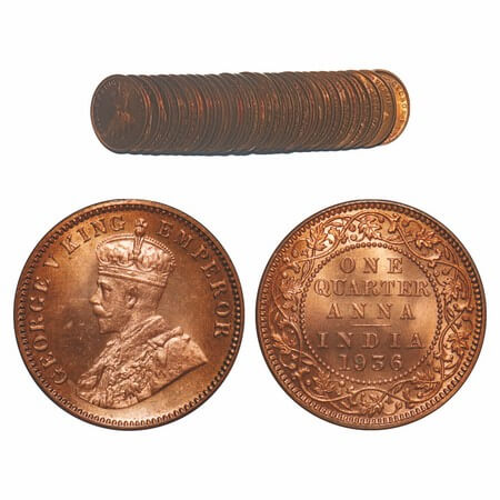 George V, Bronze, Quarter Anna, (Lot of 32 coins), 1936, Calcutta Mint, No dot, Elephant. 