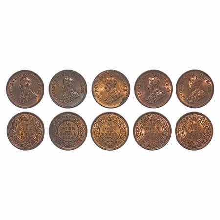George V, Bronze, 1/2 Pice, (Lot of 5 coins), 1919, 1924, 1930, 1936(2), Calcutta Mint, No