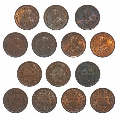 George V, Bronze, 1/2 Pice, (lot of 7 coins), 1919, 1920, 1923, 1925, 1926, 1930, 1936, Ca
