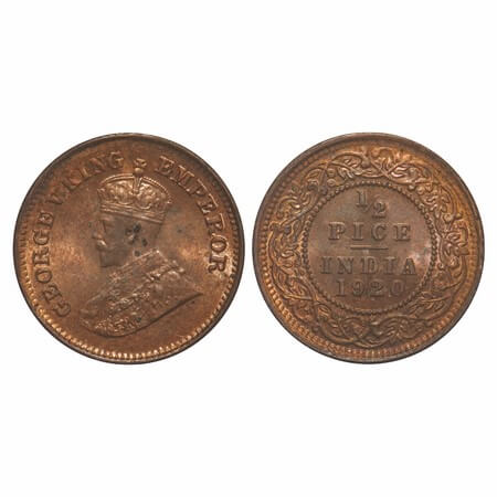 George V, Bronze, 1/2 Pice, 1920, Calcutta Mint, No mint mark. F. Prid 753. GK 1206. Uncir