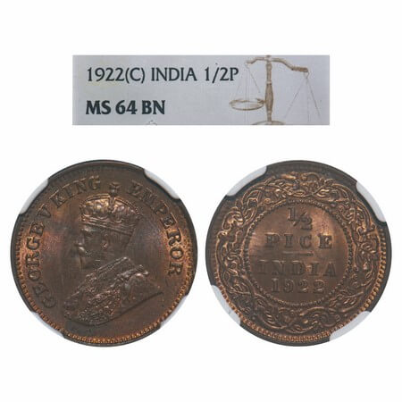 George V, Bronze, 1/2 Pice, 1922, Calcutta Mint, No mint mark. F. Prid 755. GK 1208. NGC S