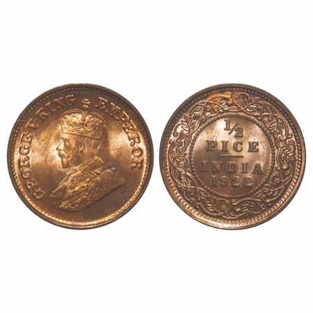 George V, Bronze, 1/2 Pice, 1922, Calcutta Mint, No mint mark. F. Prid 755. GK 1208. Mint 
