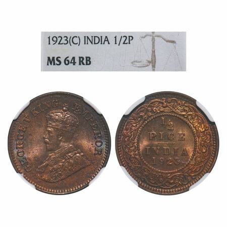 George V, Bronze, 1/2 Pice, 1923, Calcutta Mint, No mint mark. F. Prid 756. GK 1209. NGC S