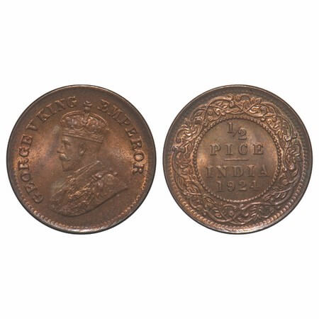 George V, Bronze, 1/2 Pice, 1924, Calcutta Mint, No mint mark. F. Prid 757. GK 1210. Brill