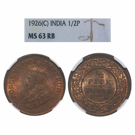 George V, Bronze, 1/2 Pice, 1926, Calcutta Mint, No mint mark. F. Prid 759. GK 1212. NGC S