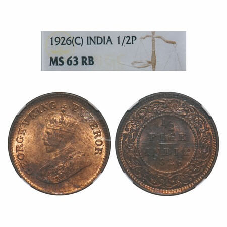 George V, Bronze, 1/2 Pice, 1926, Calcutta Mint, No mint mark. F. Prid 759. GK 1212. NGC S