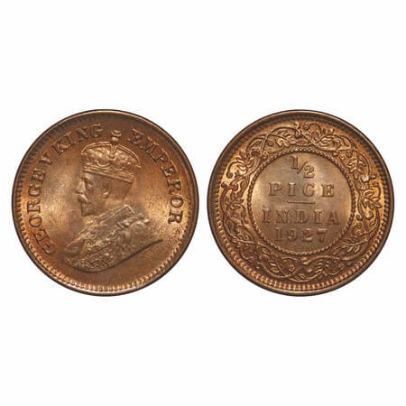 George V, Bronze, 1/2 Pice, 1927, Calcutta Mint, No mint mark. F. Prid 760. GK 1213. Mint 