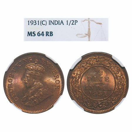 George V, Bronze, 1/2 Pice, 1931, Calcutta Mint, No mint mark. F. Prid 764. GK 1217. NGC S
