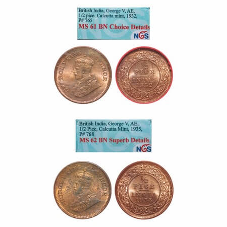 George V, Bronze, 1/2 Pice, (2 slabs), 1932, 1935, Calcutta Mint, No mint mark. F. Prid 76
