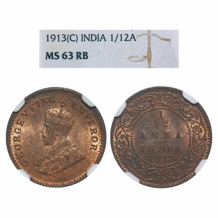 George V, Bronze, 1/12 Anna, 1913, Calcutta Mint, No dot. F. Prid 828. GK 1224. NGC Slabbe
