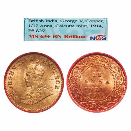 George V, Bronze, 1/12 Anna, 1914, Calcutta Mint, No dot. F. Prid 829. GK 1225. NGS Slabbe