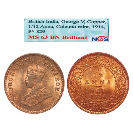 George V, Bronze, 1/12 Anna, 1914, Calcutta Mint, No dot. F. Prid 829. GK 1225. NGS Slabbe