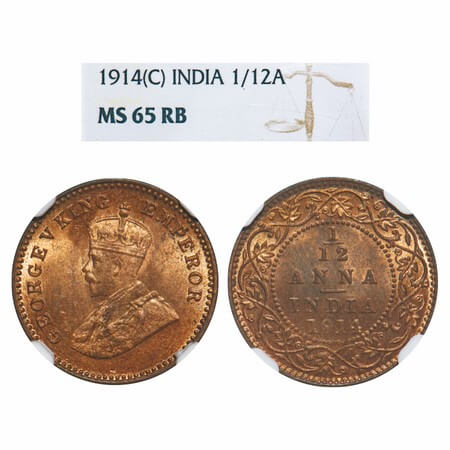 George V, Bronze, 1/12 Anna, 1914, Calcutta Mint, No dot. F. Prid 829. GK 1225. NGC Slabbe