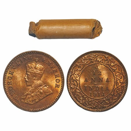 George V, Bronze, 1/12 Anna, 1914, (Roll of 24 coins), Calcutta Mint, No dot, 24 coins in 