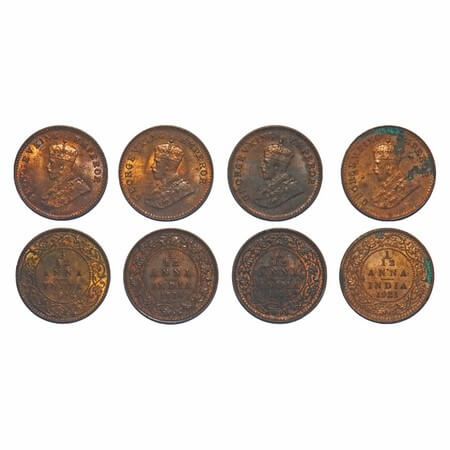 George V, Bronze, 1/12 Anna, (4 coins), 1, 2,3) 1914, 1921, 1935, Calcutta Mint, No dot, 4