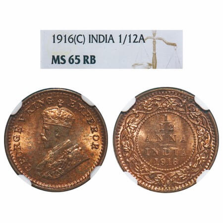 George V, Bronze, 1/12 Anna, 1916, Calcutta Mint, No dot. F. Prid 831. GK 1227. NGC Slabbe