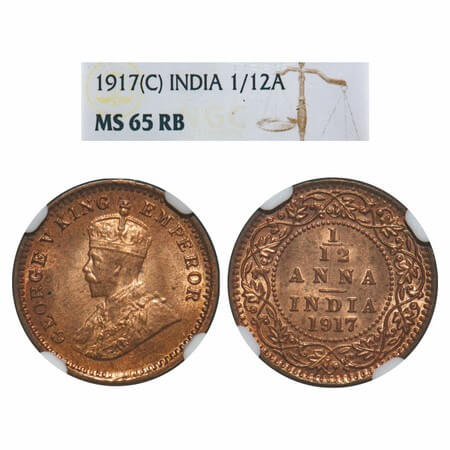 George V, Bronze, 1/12 Anna, 1917, Calcutta Mint, No dot. F. Prid 832. GK 1228. NGC Slabbe