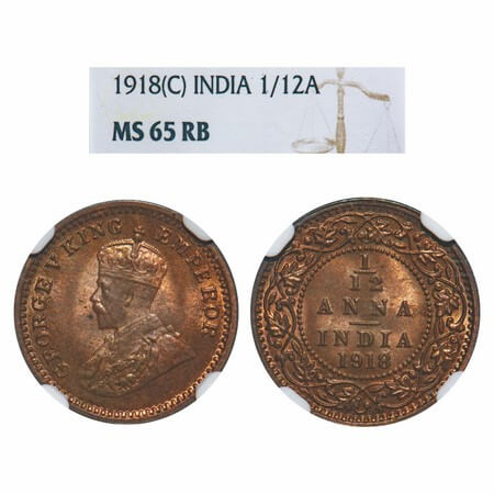 George V, Bronze, 1/12 Anna, 1918, Calcutta Mint, No dot. F. Prid 833. GK 1229. NGC Slabbe
