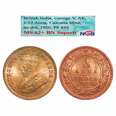 George V, Bronze, 1/12 Anna, 1920, Calcutta Mint, No dot. F. Prid 835. GK 1231. NGS Slabbe