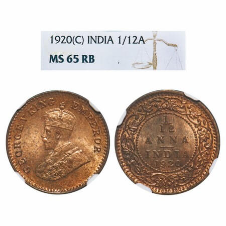 George V, Bronze, 1/12 Anna, 1920, Calcutta Mint, No dot. F. Prid 835. GK 1231. NGC Slabbe