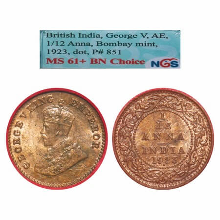 George V, Bronze, 1/12 Anna, 1923, Bombay Mint, Dot. F. Prid 851. GK 1233. NGS Slabbed MS 