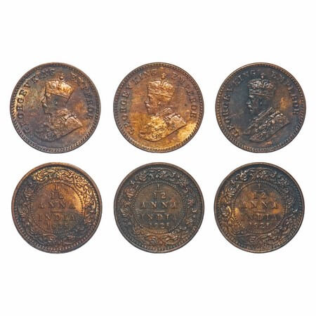 George V, Bronze, 1/12 Anna (3 Coins), 1925, Calcutta Mint, No dot. F. Prid. 839. GK 1238.