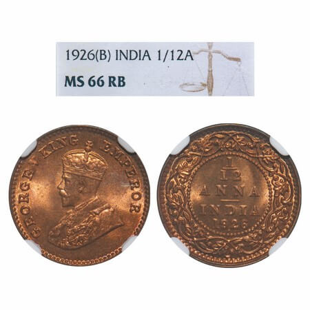 George V, Bronze, 1/12 Anna, 1926, Bombay Mint, Dot. F. Prid 854. GK 1239. NGC Slabbed MS 