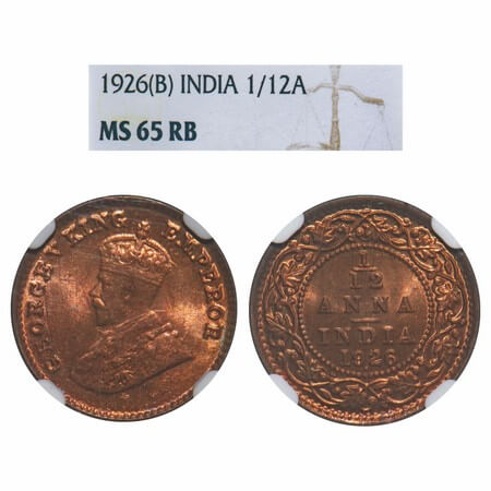 George V, Bronze, 1/12 Anna, 1926, Bombay Mint, Dot. F. Prid 854. GK 1239. NGC Slabbed MS 