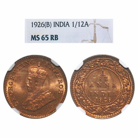 George V, Bronze, 1/12 Anna, 1926, Bombay Mint, Dot. F. Prid 854. GK 1239. NGC Slabbed MS 