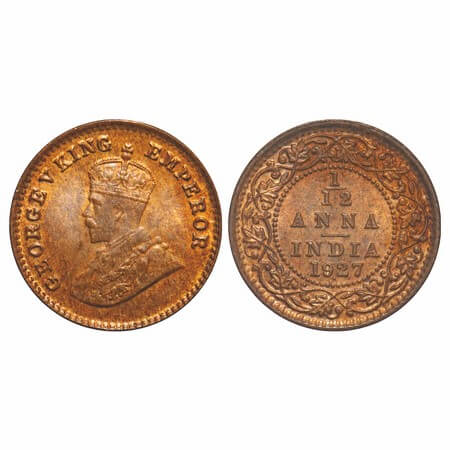 George V, Bronze, 1/12 Anna,1927, Bombay Mint, Dot, Elephant. F. Prid 855. GK 1241. Uncirc