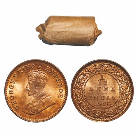 George V, Bronze, 1/12 Anna, 1928, (Roll of 24 coins), Bombay Mint, Dot, 24 coins in Immac