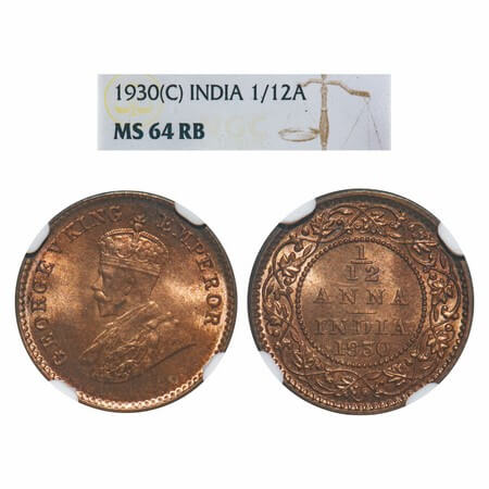 George V, Bronze, 1/12 Anna, 1930, Calcutta Mint, No dot. F. Prid 844. GK 1246. NGC Slabbe