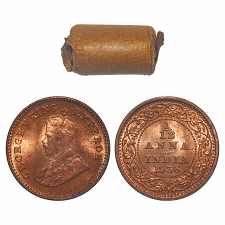 George V, Bronze, 1/12 Anna, (Roll of 24 coins), 1930, Calcutta Mint, No dot, Elephant. F.