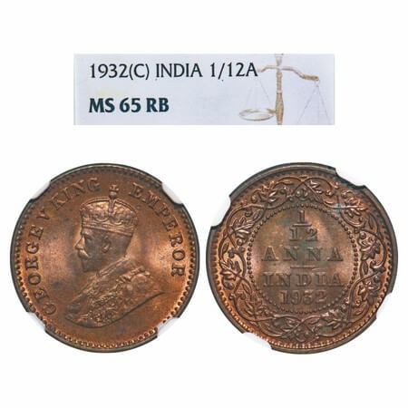 George V, Bronze, 1/12 Anna, 1932, Calcutta Mint, No dot. F. Prid 846. GK 1248. NGC Slabbe