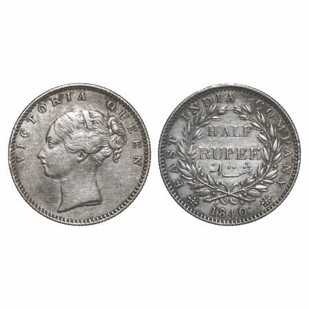 Victoria Queen, Silver, Half Rupee, 1840, CL, Bombay Mint, A/I, English Head, Fuller face,