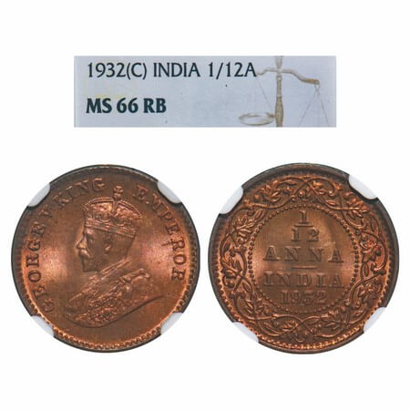 George V, Bronze, 1/12 Anna, 1932, Calcutta Mint, No dot. F. Prid 846. GK 1248. NGC Slabbe