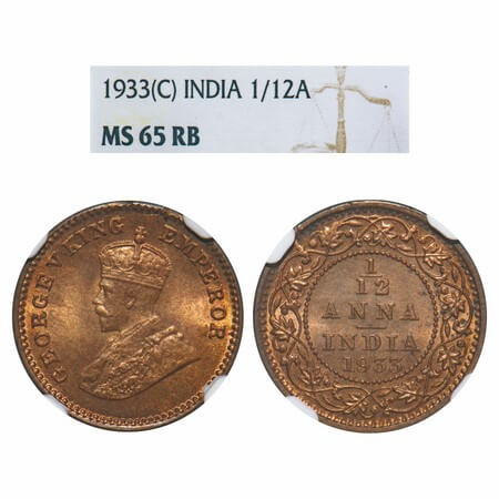 George V, Bronze, 1/12 Anna, 1933, Calcutta Mint, No dot. F. Prid 847. GK 1249. NGC Slabbe