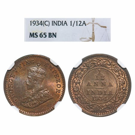 George V, Bronze, 1/12 Anna, 1934, Calcutta Mint, No dot. F. Prid 848. GK 1250. NGC Slabbe
