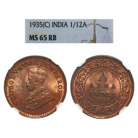 George V, Bronze, 1/12 Anna, 1935, Calcutta Mint, No dot. F. Prid 849. GK 1251. NGC Slabbe