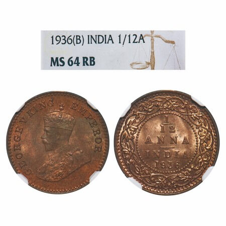 George V, Bronze, 1/12 Anna, 1936, Bombay Mint, Dot. F. Prid 857. GK 1252. NGC Slabbed MS 