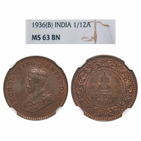George V, Bronze, 1/12 Anna, 1936, Bombay Mint, Dot. F. Prid 857. GK 1252. NGC Slabbed MS 